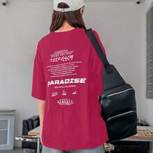Women's Oversized Printed T-Shirt - Cheerful Paradise Phrase - Loose, Casual, Stylish, Modern, And Cool Blouse - 粉色 - 查看 13