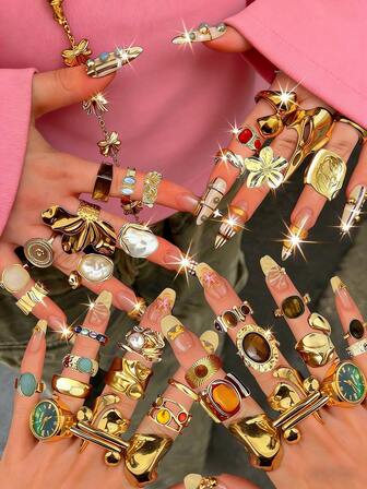 Vintage Elegant Fashion Assorted 35-3pcs Exaggerated Large Metal Multi-Element Inlaid Colorful Rhinestone Faux Pearl Tiger Eye Stone Flower Bow Tie Sun Square Semi-Circle Asymmetrical Line Wrapped Adjustable Ring Set, Personalized Medieval Hollow Stackable Rings Suitable For Women Friends Holiday Party Date Daily Matching, Ideal Gift For Valentine's Day Mother's Day Anniversary (Random Style Shipped)