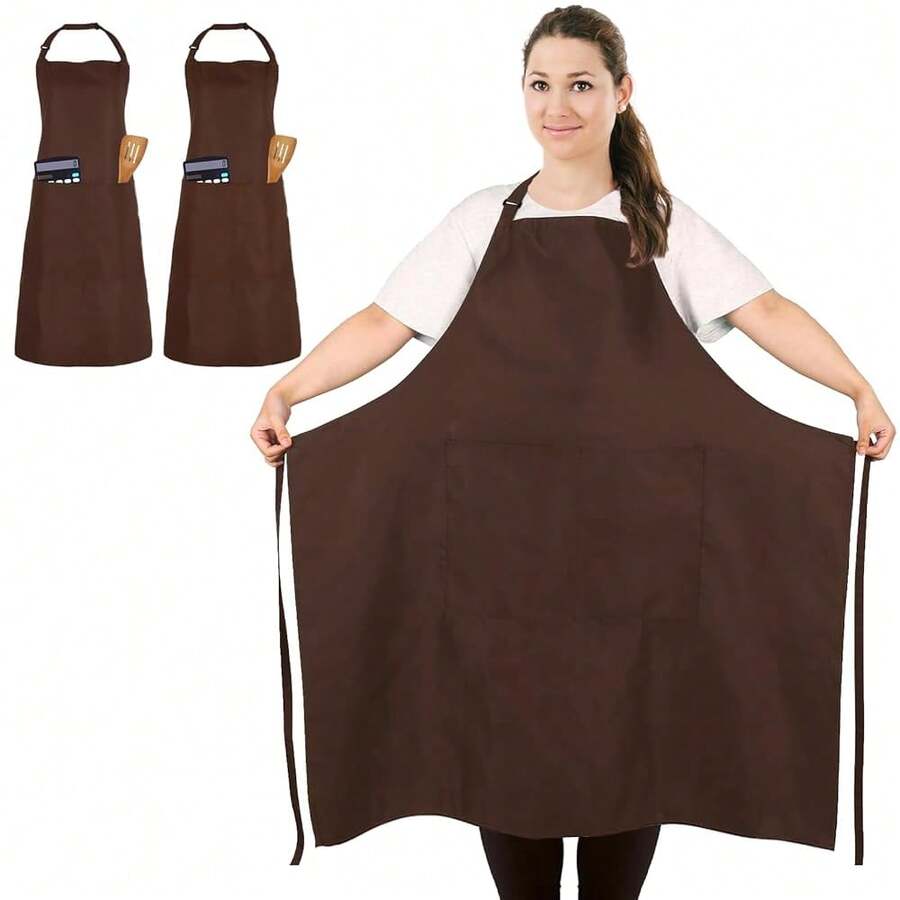 2 Pcs Plus Size Chef Apron, Unisex Professional Apron With 2 Pockets For CooFKing, Work, BaFKing (Larger Size) - Coffee - View 1