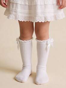 1 Pair Cotton Girls/Toddlers Bow Solid Color Knee High Socks, School Style - White - View 5