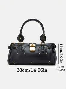 Women's PU Leather Handbag, Vintage All-Match Padlock Rivet Pillow Bag, Winter New Commuter Tote Bag, Casual Top Handle Shoulder Bag, Fashion Crossbody Bag, Suitable For Travel And Work - Black - View 3