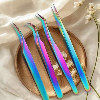 4 piezas Juego de pinzas de acero inoxidable de colores, herramientas de precisión profesionales para pestañas, hermosos colores arcoíris, kit de belleza, pinzas para pestañas, dormitorio, tocador, herramientas de maquillaje asequibles, esencial de viaje, regalo de vacaciones, regalo para mujeres, regalo del Día de la Madre