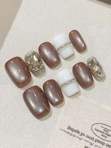 10片美拉德染色咖啡色手绘钻石网格闪亮钻石猫眼按压式短款假指甲，日常秋冬新款短款方形圆形甜美酷炫美甲，适合女士和女孩作为礼物美甲用品 - 彩色 - 查看 3