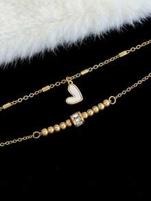 1pc Layered Minimalist French Style Vintage Design Heart Anklet, Versatile - Multicolor - View 2