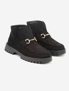 Moccasin-Style Ankle Boots With Elegant Applique - Black - View 5