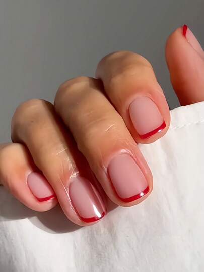 24pcs Short Square Nail Stickers To Instantly Upgrade Your Look! Fashionable & Elegant Cherry Wine Red French Stripe Nail Stickers, Retro Chic Red French Pointed Tip With Baby Pink Base, Full Coverage Fake Nails Suitable For Women & Girls. Includes 1 Adhesive Sticker Sheet And 1 Mini Nail File. Randomly Shipped.