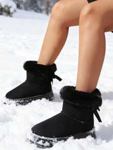 Women's Fleece-Lined Short Snow Boots, Beige - Warm, Soft-Soled, Comfortable & Non-Slip Winter Snow Boots, Plush Boots Valentine's Day - 黑色加厚款 - 查看 2