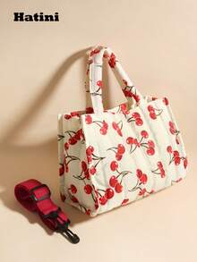 HATINI Autumn And Winter New Cherry Print Handbag, Quilted Cotton Fluffy Small Square Bag, Wide Shoulder Strap Casual Fashion Shoulder Bag Crossbody Bag, Suitable For Girls To Work, Commute, Date, Shopping, Leisure, Vacation, Thanksgiving, Halloween Gift Recommendation - 紅白色 - 查看 3