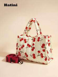 HATINI Autumn And Winter New Cherry Print Handbag, Quilted Cotton Fluffy Small Square Bag, Wide Shoulder Strap Casual Fashion Shoulder Bag Crossbody Bag, Suitable For Girls To Work, Commute, Date, Shopping, Leisure, Vacation, Thanksgiving, Halloween Gift Recommendation - 紅白色 - 查看 5