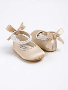 Infant Mary Jane Flats - Infant Newborn Toddler Shoes, Soft Rubber Sole, Princess Style Wedding Shoes - Champagne - View 7