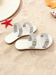 1 Pair Of Girls' Sparkling Diamond Double-Strap White PU Sandals With Open-Toe Flat Soles, Providing Comfort, Sparkle, Sweetness, And Elegance, Perfect For Summer Beach Wear. - White - View 6