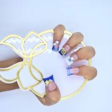 10Pcs Handmade Short Duck Bill Acrylic Press On Nails, New Chinese Blue White Porcelain Style, White Flower, Gold Heart, Gold Clover Rhinestone Accents, Daily Elegant Looks Summer, Traditional Style Events, Fresh Delicate Vibe Easter - 彩色 - 查看 5