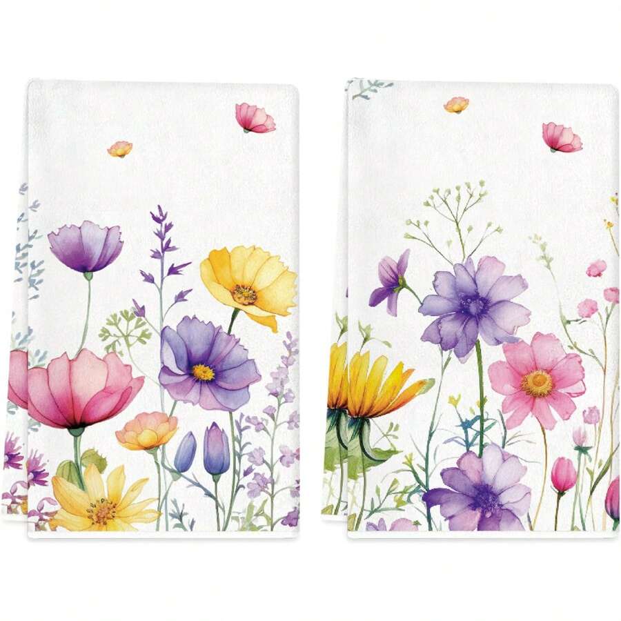 2pcs Spring Kitchen Towel 40x60cm 2 Pieces Set Colorful Flower Dish Towel Farmhouse Summer Holiday Towel For Home Decoration. - Multicolor - View 1