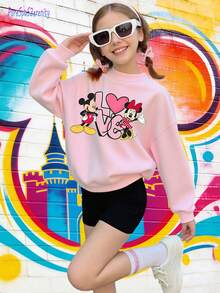 1pc Disney Valentine's Mickey & Minnie Mouse Tween Girl Cute Sweatshirt Playful "Love" Cartoon Graphic Top Comfortable & Versatile For School Attire & Casual Dates - Hồng - Xem 2
