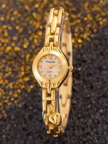 1件女士奢华金属合金表带白色表盘石英表，配心形吊坠，适合正式场合和日常佩戴，是生日、情人节、周年纪念日送给女性的绝佳礼物。 - 金色 - 查看 4