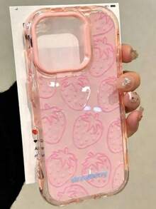 1pc Cute Strawberry Pattern Soft Silicone Phone Case Compatible With Iphone 16 Pro Max, 15, 14, 13 Series, Protective Cover - Pink - View 1