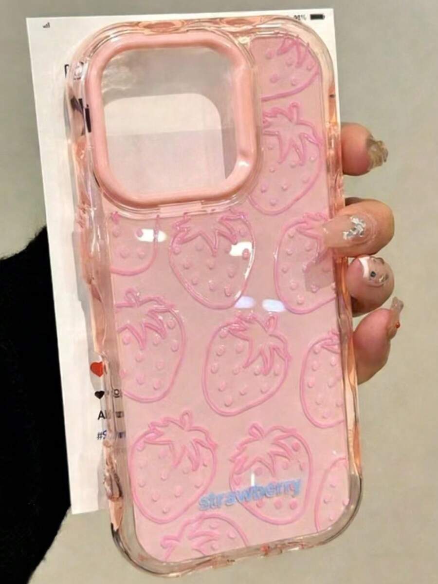 1pc Cute Strawberry Pattern Soft Silicone Phone Case Compatible With Iphone 16 Pro Max, 15, 14, 13 Series, Protective Cover - Pink - View 1