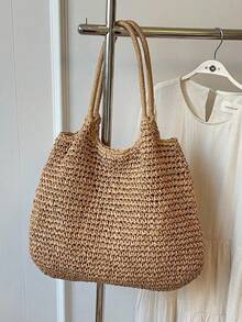 时尚草编手提包，大容量沙滩包，时尚女士手提包，夏季单肩包 - 卡其色 - 查看 1