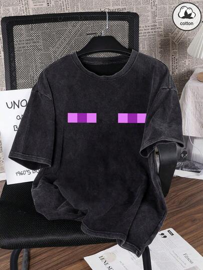 Women's Plus Size Summer Letter Print Casual Simple Everyday Loose Washed Cotton Short Sleeve Round Neck T-Shirt Top Women's Summer Washed Cotton Cute Plus Size Top Black