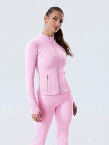 Women's Long Sleeve BBL Jacket With Pockets And Thumb Holes, Running Workout  Activewear Top - Pink Meringue/Gold - 查看 4