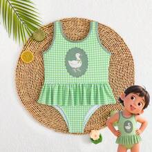 Traje de baño de una pieza con volantes, estampado de pato de dibujos animados lindo y cuadros verdes para niñas - Multicolor - Ver 4