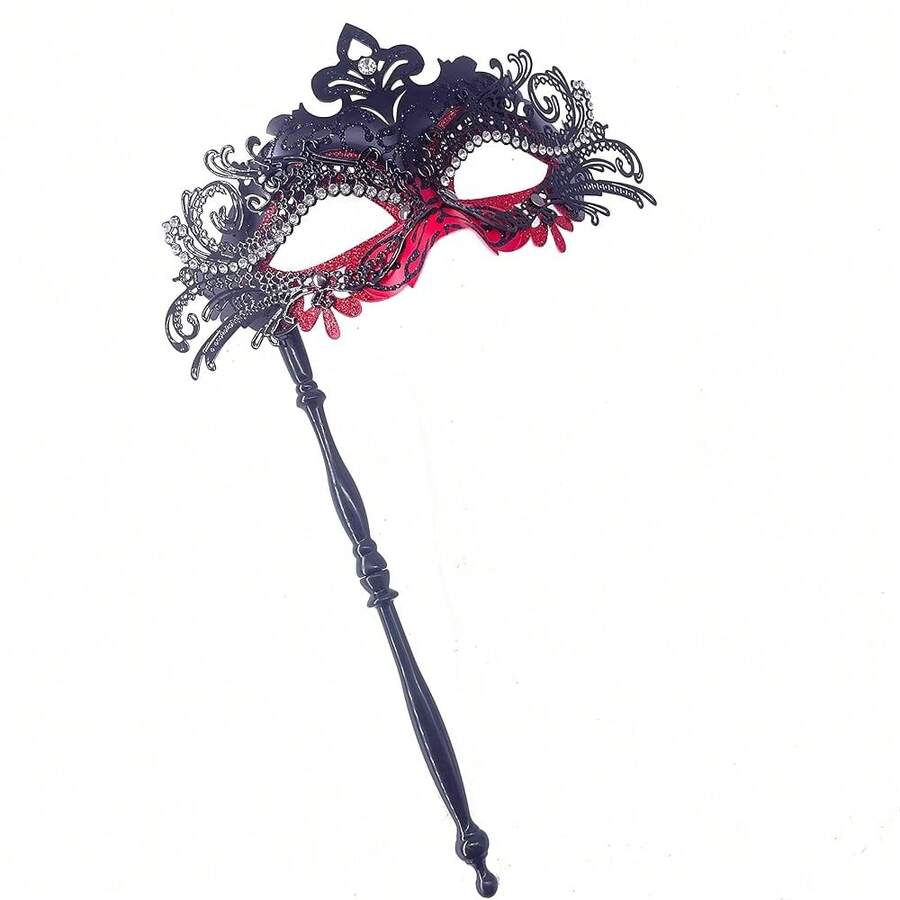 Masquerade Mask For Women/Men, Fancy Party Face Mask Venetian Mask For Prom Ball Halloween Mardi Gras - 紅色面具帶棍 - 查看 1