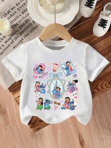 Disney Girls' T-Shirt, Featuring Creative Stitch And Lilo Cartoon Prints. Summer Cotton Crew-Neck Short-Sleeve Tee For Girls, Perfect For Everyday Wear, Vacations, Outdoor Activities, And As A Gift For Children. - 白色 - 查看 2