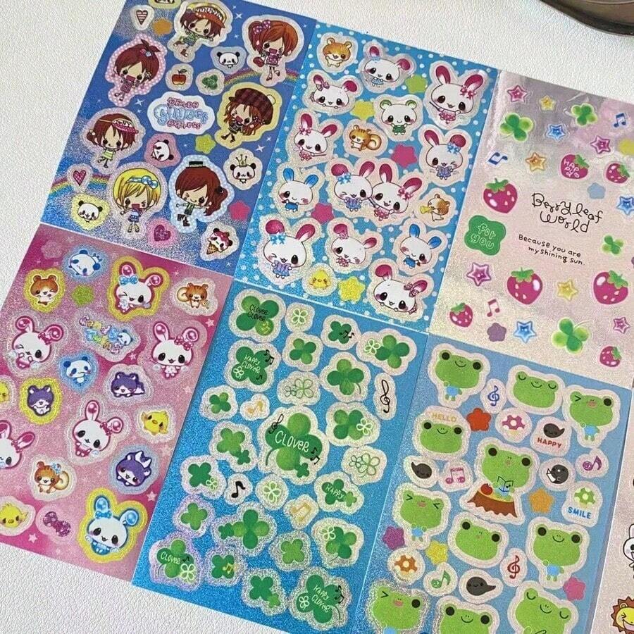 レトロな女の子 バニー いちご 四つ葉のクローバー シルバーグリッター ステッカー 8枚セット ジャーナル フォンケース 装飾ステッカー、スクラップブッキング、DIY、ギフトに - カラフル - チェックする 1