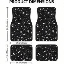 4pcs Black & White Celestial Car Floor Mats Set - Non-Slip Moon Phases, Stars & Night Sky Design (Crescent/Moon/Star) Fit For SUV, Truck, Van - Heavy-Duty All-Weather, Easy-Clean Auto Accessories - 月亮和星星 - 查看 2