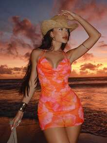 WaveBikini 官方橙粉芙蓉花印花三件套泳衣套装，含薄纱罩衫 - 彩色 - 查看 2