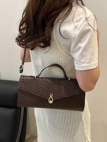 Woven Texture Vintage Design Casual Chic New Clasp Closure Casual Women Shoulder Handbag - Coffee - View 4