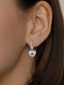 925 Sterling Silver Earrings, Cubic Zirconia Earrings, Animal Paw Earrings, Heart Pendant Earrings, Suitable For Daily Wear, Birthday Gift - Silver - View 2