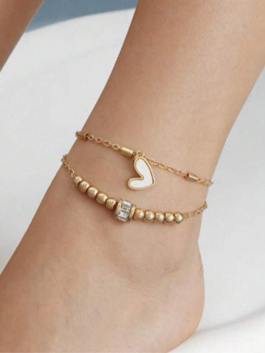 1pc Layered Minimalist French Style Vintage Design Heart Anklet, Versatile - Multicolor - View 1
