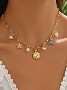 1pc Summer Ocean Style Starfish & Fish Tail Faux Pearl Pendant Necklace, Colorful Enamel Alloy Clavicle Chain, Fashionable For Daily Wear, Beach Vacation, Dating, Party, Travel - 海星+魚尾 - 查看 1