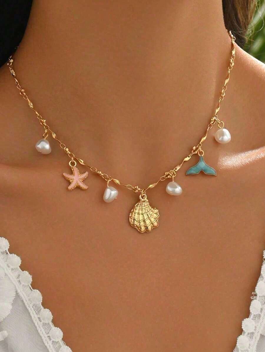 1pc Summer Ocean Style Starfish & Fish Tail Faux Pearl Pendant Necklace, Colorful Enamel Alloy Clavicle Chain, Fashionable For Daily Wear, Beach Vacation, Dating, Party, Travel - 海星+魚尾 - 查看 1