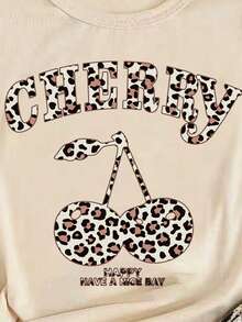 少女休闲度假时尚街头豹纹樱桃字母图案短袖T恤和裤子套装，春夏秋季 - 杏色 - 查看 4