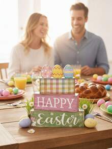 3pcs Of A Set | Rustic Wooden Easter Signs Stackable Blocks Decor , Easter Tiered Tray Decor Set ,Center Pieces For Table,Suitable For Easter Bunny, Easter Decoration, Party Supplies,Easter Party Supplies, Easter Holiday Birthday Party Favors, Party Gifts, Easter Gifts, Home Decor, Kitchen And - Multicolor - View 4