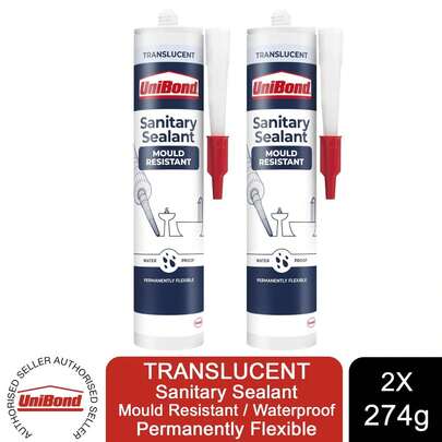  UniBond Mould Resistant Sanitary Sealant Cartridge Translucent 274g 2 Pack, Ideal For Bathroom And Kitchen Sealing With Long Lasting Protection