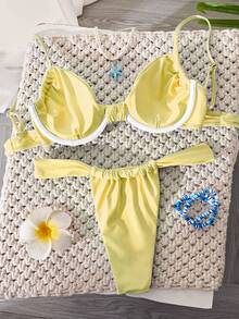 Traje de baño de mujer, bikini básico sexy en estilo rojo sexy y azul claro sólido, bañador retro para la playa para mujer, disfraz de fiesta de Navidad, regalo para ella, vacaciones de San Valentín de verano - Amarillo - Ver 7