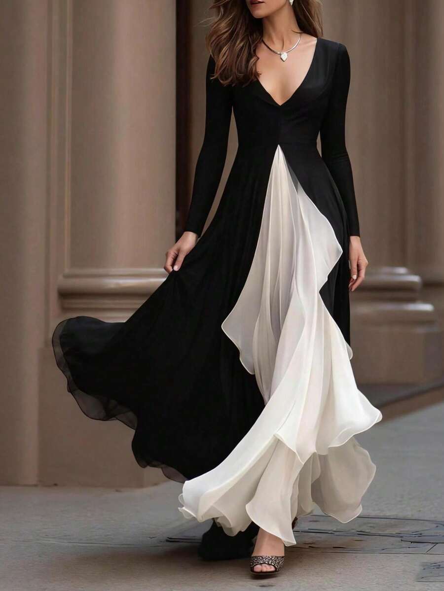 Vestido de mujer estilo occidental nuevo, manga larga de cuello V, ajustado y cintura ceñida, falda amplia de combinación de blanco y negro estilo francés - Blanco y Negro - Ver 1