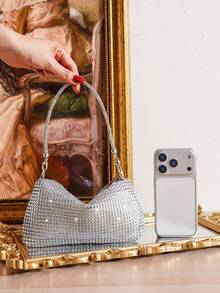 银色水钻装饰晚宴手拿包，复古风格小方包，适合日常、约会、购物、送礼。 - 銀色 - 查看 6