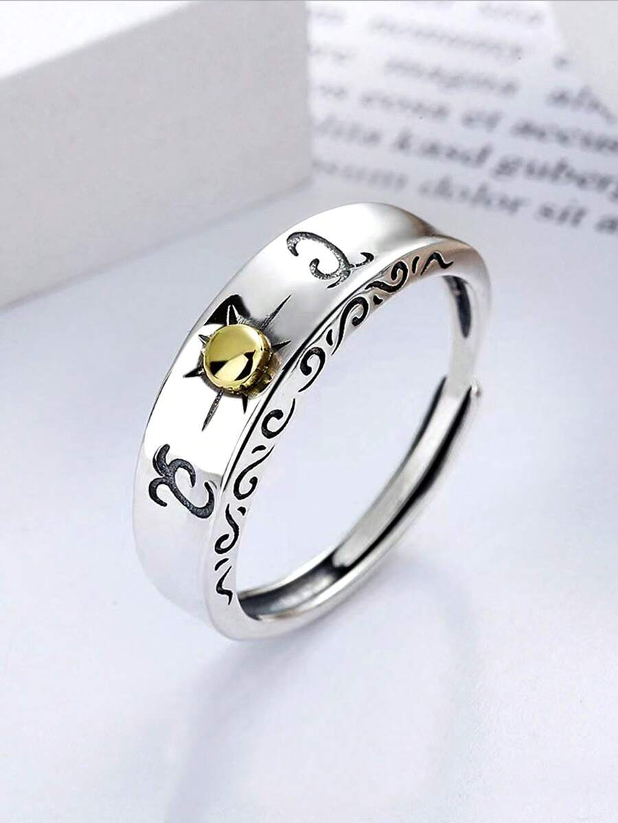 1pc Retro Golden Sunburst Totem Open Ring, Suitable For Men Or Women Daily Wear, Copper Material, Non-Fading And Hypoallergenic - Silver - View 1