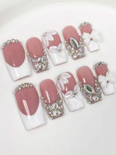 10pcs High-End Sweet And Girlish Style, Hand-Painted Three-Dimensional Bow, Petals, And Sparkling Pile Rhinestones Handmade Fake Nails, Nail Patches Suitable For Wedding Banquets, Engagement Parties, Wedding Photography, And Valentine's Day Events Nail Supplies Handmade Press On Nails
