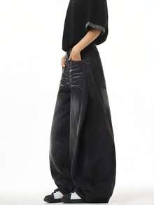 Justice Brother 1件装做旧直筒牛仔裤，饰有弯刀和猫须图案，休闲宽松版型 - 深灰色 - 查看 5