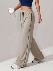 Women's Drawstring Waist Pockets Casual Daily Sports Wide Leg Pants - Beige - View 1