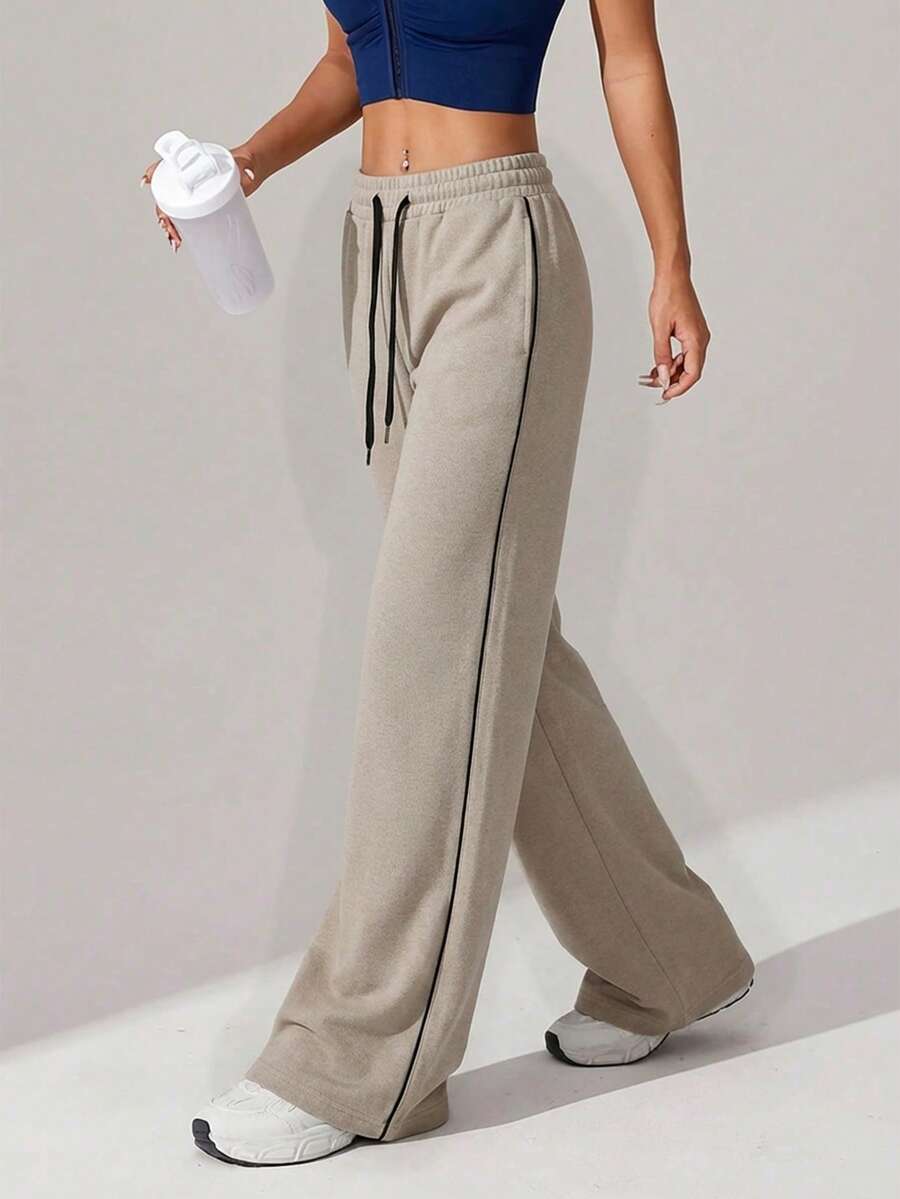 Women's Drawstring Waist Pockets Casual Daily Sports Wide Leg Pants - Beige - View 1