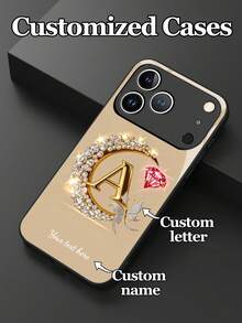 1pc Customizable Text & Letter Design Gold Crescent Moon Frame Rhinestone Studded Tempered Glass Phone Case, Compatible With Iphone 17 ProMax/17 Air/15/16 Pro/14 Plus/13 Pro/12 Pro Max/11/Xs Max/8/7/6 Plus, S24 Ultra/S25 Ultra, Redmi NOTE 13/14, Redmi K40, Mi 11, Fashionable Business Custom Gift For Family, Colleagues, Friends - Black - View 3