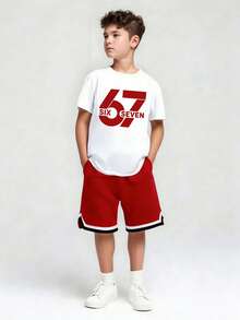 Tween Boy Cartoon Graphic Print Crew Neck Short Sleeve T-Shirt And Shorts Set - White - View 1