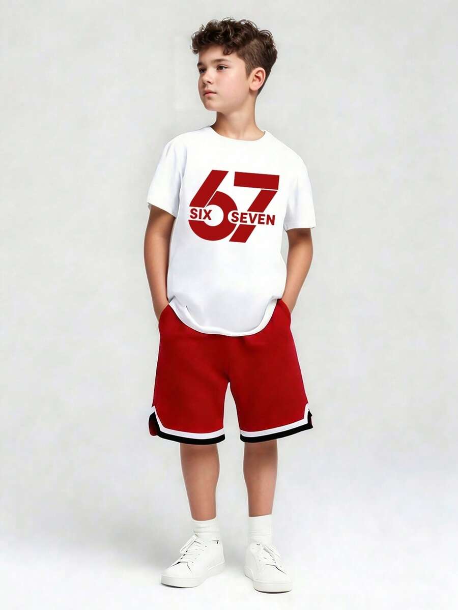Tween Boy Cartoon Graphic Print Crew Neck Short Sleeve T-Shirt And Shorts Set - White - View 1