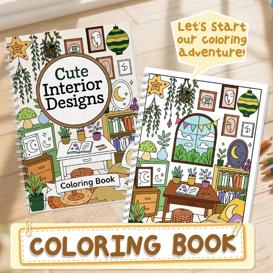 GDTME 升级版加厚珠光纸涂色书，A4尺寸，金属螺旋装订，24页装饰灵感相册，设计灵感，梦想家园，成人减压，创意手工，圣诞礼物，音乐节，婚礼季